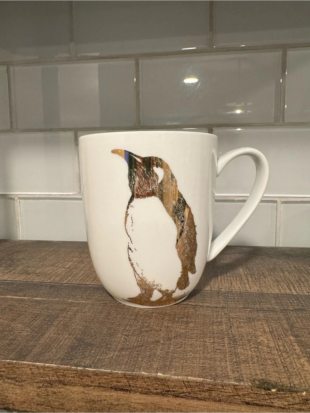 Pier 1 Gold Penguin Print on White Porcelain Coffee Mug - Set of 4